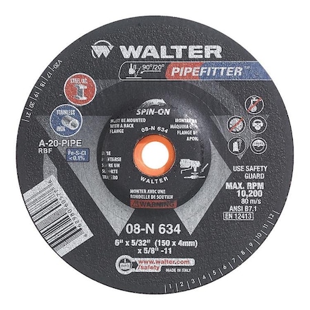 Walter Surface Technologies Type 27S, 6 in Dia, 5/32 in Thick, 5/8 in-11 Arbor Hole Size 08N634